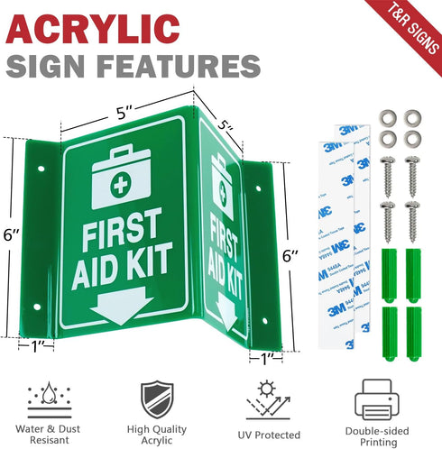 T&R First Aid Kit Sign with Down Arrow, 4 Pack, 8 x 6 Inches Acrylic, Includes Matching Screws