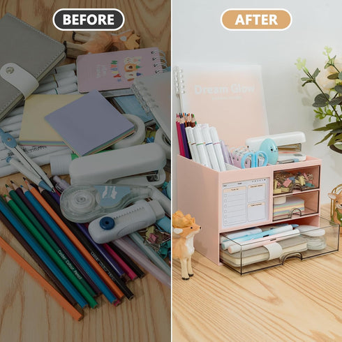 Desk Organizer with 3 Drawers, Multi-Functional Pencil Pen Holder for Desk, 5 Compartments, Desktop Organizer for