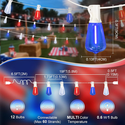 26Ft ST38 12+1 Bulbs 4th LAMPHOME Red White Blue LED String Lights, Patriotic Red White and Blue Lights Outdoor