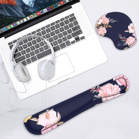 MOSISO Wrist Rest Support for Mouse Pad & Keyboard Set, Curved Peony Ergonomic Mousepad with Non-Slip Base, Blue
