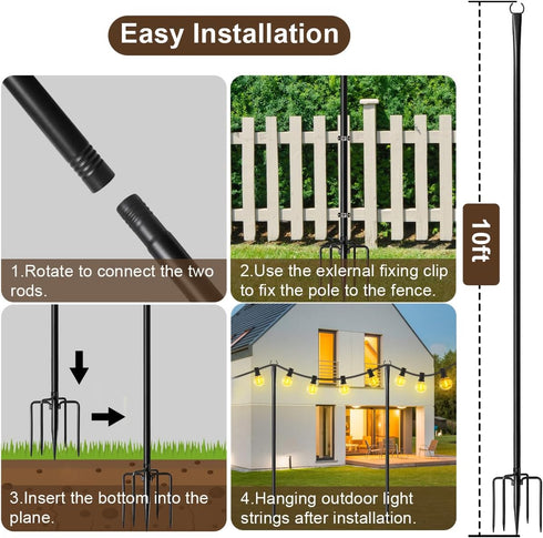 MuliVid 2 Pack 10FT Lighting Hanging Pole for Outside, Waterproof Hardened Metal Outdoor String Light Poles for Patio