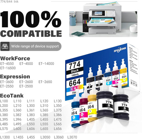 Spaceink 774 664 ET-2650 ET-2550 ET-3600 ET-4500 ET-4550 ET-16500 ET-2500 ET-2600 ET-14000 (2 5 Pack) Ink Refill