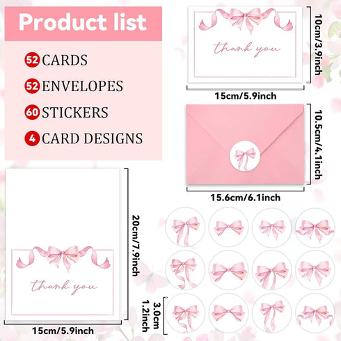 52 Pack Set 4x6inch Thank You Cards with Envelopes Pink Bow Thank You Cards Bulk Assortment Greeting Gift Watercolor