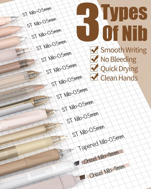 Four Candies 14Pack Pastel Gel Ink Pen Set, 0.5mm Fine Point Retractable Pens, 12 Black Ink Pens, 2 Highlighters (Brown)