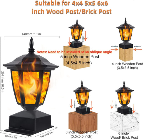 4x4, 5x5 6x6 2 Pack Dynaming Solar Flame Post Lights Outdoor, Solar Powered Lamps Fence Post Cap Lights, Flickering