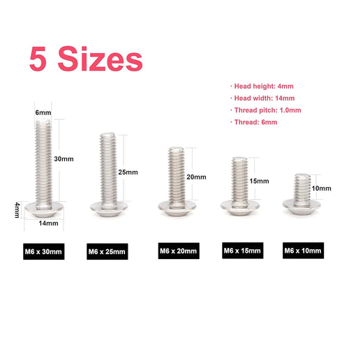 cSeao 50pcs M6 Flanged Button Head Socket Cap Screws Hex Nuts Kit - M6 x 10mm/15mm/20mm/25mm/30mm, 304 Stainless Steel