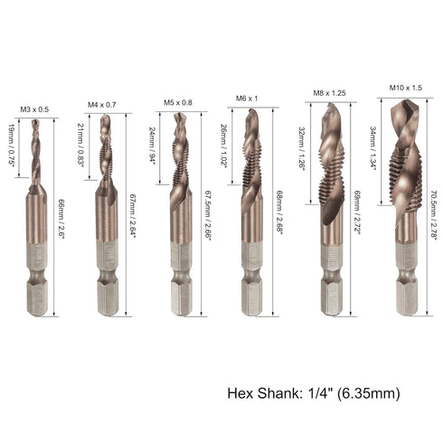 uxcell Combination Drill and Tap Bit Set M3 M4 M5 M6 M8 M10 with 1/4" Hex Shank Vacuum Titanium Coated High-speed Steel Countersink Bit Spiral Flute Tapping Tool 6pcs