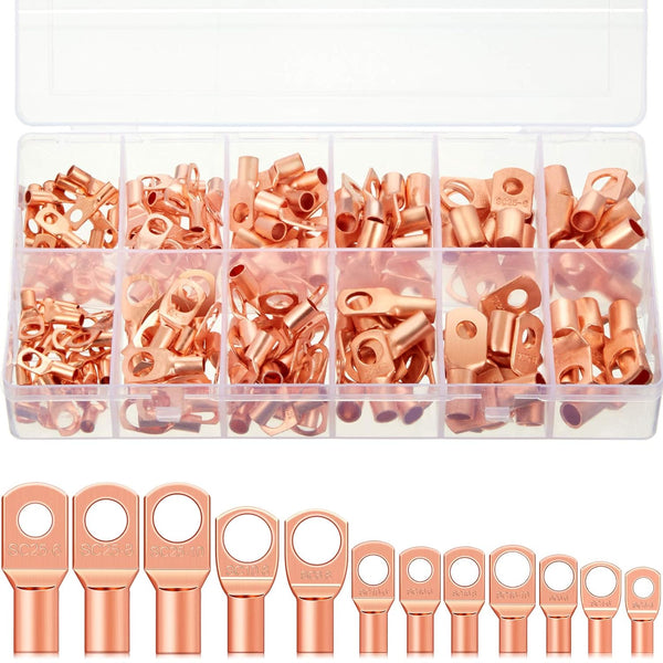 Weewooday Copper Battery Cable Ends 12 Sizes Battery Terminal Connectors Copper Lug Ring Terminal for AWG4-12