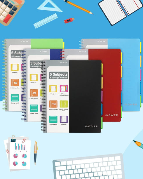 Spiral Notebook, 5 Subject College Ruled Notebook with Dividers, 300 Pages, 8.5''x11'', Black for Writing Journal Home