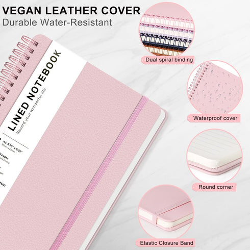 Lined Spiral Journal Notebook - A5 Hardcover Leather, 5.7''×8.2'', 100GSM Thick Paper, Spiral Bound for Women & Men