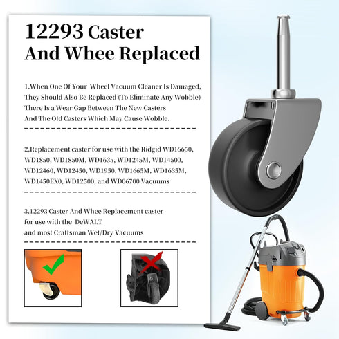12293 Vacuum Caster, Compatible with Ridgid Wet/Dry Vac RV1250, RT1200, 1650RV, 1610RV, 2" Replacement Wheel 2 Pack