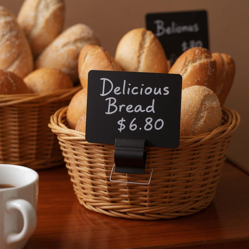Molain 50 Pack A7 Set, Black Sign Label Clips with Chalkboard Plastic Food Tray Label Holders Reusable Price Tag Sign