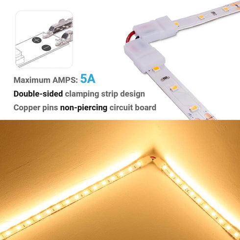 2 Pin 10mm L Shape LED Strip Light Connector Solderless Gapless Clips, Max Amp 5A, Strip to Strip for Right Angle Corner, 90 Degree Connection of 12V 24V Single Color Flex Tape Light, 10ps by JAUHOFOGEI
