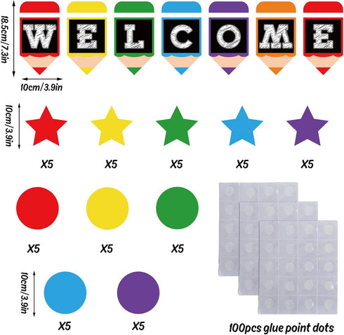 Whaline 57 Pieces Welcome Bulletin Board Set Colorful Pencil Design Welcome Back Banner Star Dots Shape Cutouts Classroom Decorations for Back to School Bulletin Boards Classroom Teacher Supply