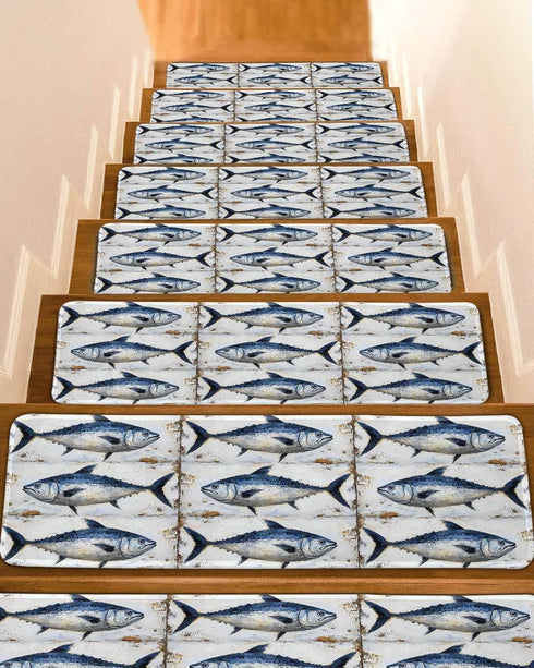 BOHOOSKYLAR Marine Life Stair Treads Retro Blue Tuna Oil Painting Wood Texture Indoor