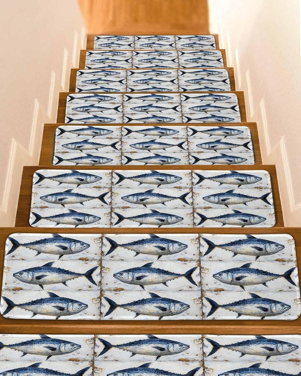 BOHOOSKYLAR Marine Life Stair Treads Retro Blue Tuna Oil Painting Wood Texture Indoor