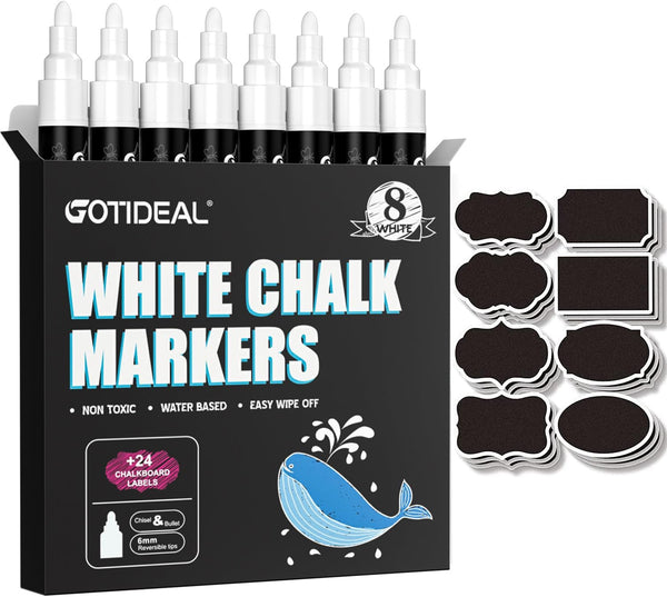 GOTIDEAL White Chalk Markers, Bold Tip Washable for Blackboard, Glass & Bistro, Non-Toxic, Erasable Paint Pens