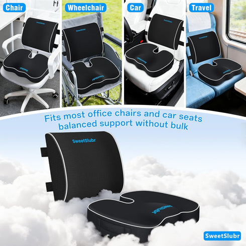 SweetSlubr Set, Tailbone Ergonomic Memory Foam Seat Cushion & Lumbar Support Pillow Orthopedic Coccyx Cushion