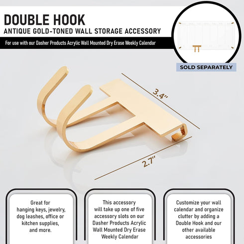 Gold Double Wall Hook - Modern Metal Accessory for Acrylic Clear Calendar, Hanging Keys, Jewelry, Office Supplies