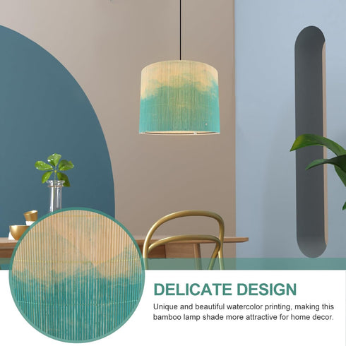 -30X30X23cm OSALADI Drum Lamp Shade Bamboo Lampshade Green Printing Pattern Lamp Cover Chandelier for Floor Table
