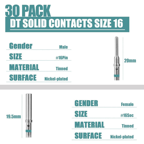 MUYI 30 Pairs DT Connector Terminals Kit, Size 16 Solid Barrel Common Contacts Male Pins & Female Sockets for Wire Harness 20-14AWG