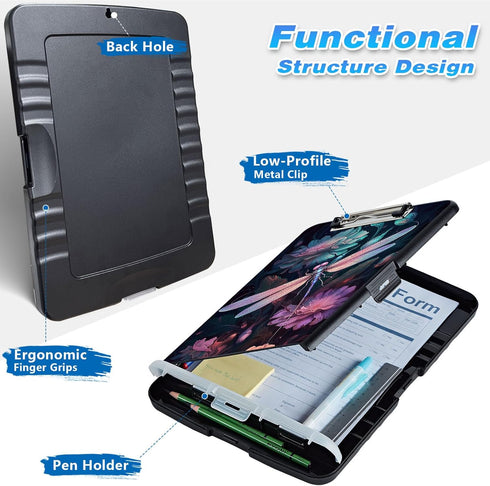 High Capacity Dragonfly Storage Clipboard - 9.5x14" with Pen Holder for Women & Kids, Ideal for Work & School