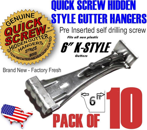Quick Screw 6" Aluminum Hidden Rain Gutter Bracket Hook Clip with Pre-Inserted 3" Long " Hex Head Screw