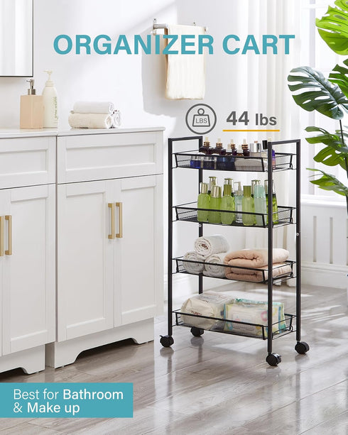 crkmire 4 Tier Metal Rolling Cart, Utility Storage Cart with Wheels and Handle Mobile Book Art Snack Diaper Baby