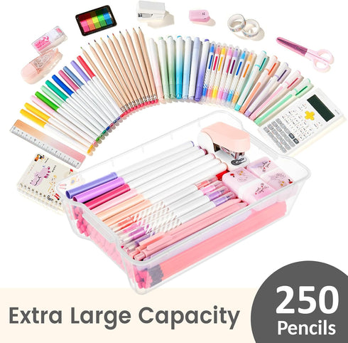 6 Pack Sooez Pencil Boxes, New Extra Large Pencil Case, Plastic Crayon Pen Box, Clear Marker Organizer Craft Storage