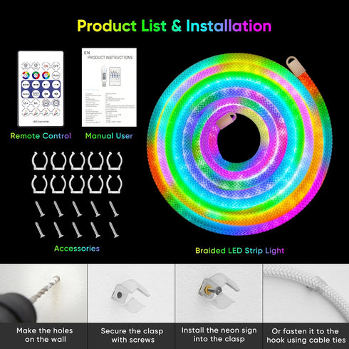 9.84FT/3M 360 IP67 iNextStation LED Strip Lights, Glow Braided Smart IC USB Rope Light, Neon Rope Light with Music