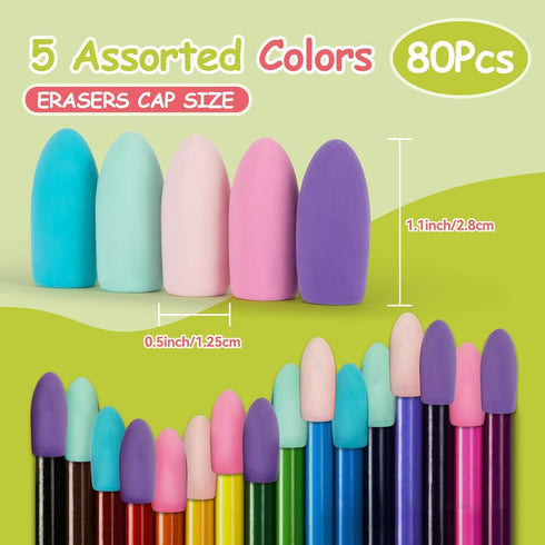 Sukh Cap Erasers for Pencils Bulk - 60 PCS Latex Free Pencil Top Erasers in 5 Colors