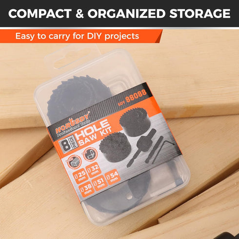 8PCS 1"2-1/8" (2554mm), 2 Set HORUSDY Hole Saw Kit, with Pcs Drill Bits, Mandrel & Hex Key, Smooth Cut, DIY-Friendly