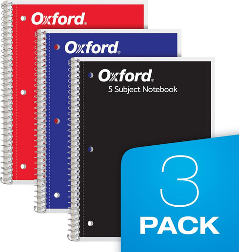 Oxford Spiral Notebook 3 Pack, 5 Subject, College Ruled, 4 Dividers, 180 Sheets, 8 x 10-1/2 Inches