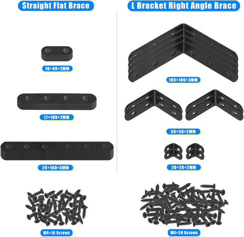 Glarks 134Pcs Black Corner Brace Set, 24Pcs L Shape Bracket, Flat Bracket Metal Joint Plate Fastener with 110Pcs Screws