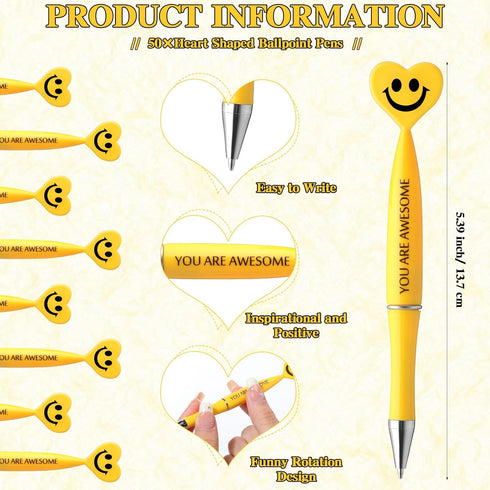 Qilery 50 Pcs Employee Appreciation Gifts Smile Face Pens You Are Awesome Pens Heart Funny Pens Inspirational Quote Black Ink Ballpoint PensThank You Gifts for Coworkers Staff Team Office(Yellow) by Qilery