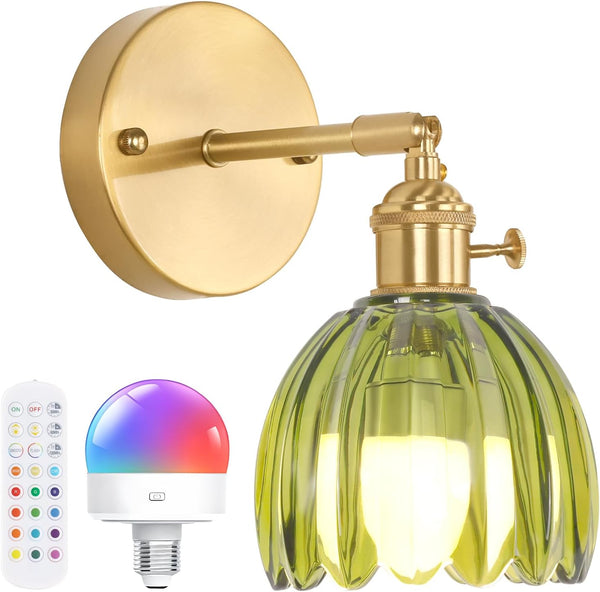 Shenmoyl Vintage Battery Operated Wall Sconce with Green Tulip Glass Lampshade Rechargeable