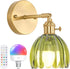 Shenmoyl Vintage Battery Operated Wall Sconce with Green Tulip Glass Lampshade Rechargeable