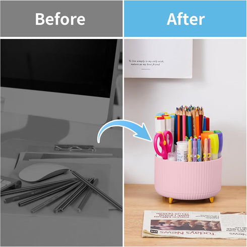 Marbrasse Desk Organizer, 360-Degree Rotating Pen Holder with 5 Compartments for Office Home Accessories (Pink)