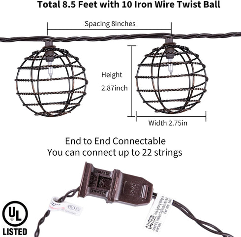 TWINKVILLA 10 Bulbs, Decorative String Lights Indoor Outdoor, Patio Lantern Style String Lights with Warm White Mini UL