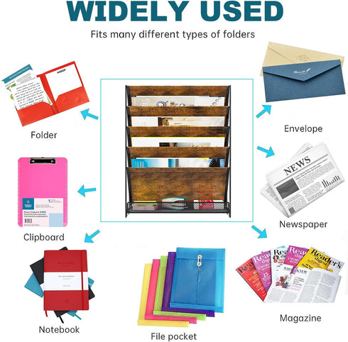 PAG Wall File Organizer, 6-Tier Rustic Hanging Holder for Documents and Magazines, Brown