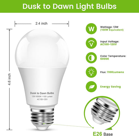 Bulb, 13W 60W A19 E26 Bulb, 5000K 1100LM, 3 Pack OHLUX Dusk to Dawn Outdoor Light Equivalent Energy Saving Led Cool