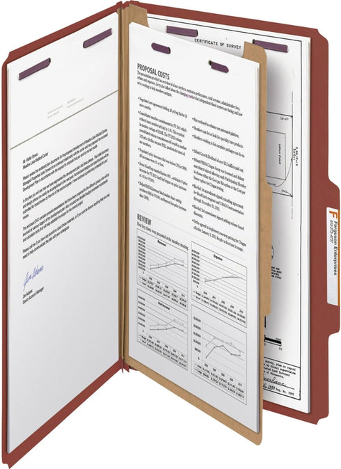 Smead Pressboard Classification File Folder with SafeSHIELD Fasteners, 1 Divider, 2" Expansion, Legal Size, Red, 10 per