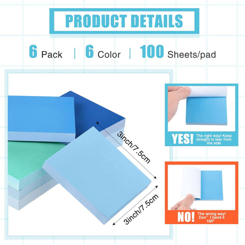 Sticky Notes 3 x 3 Inch Coastal Colors Self Stick Pads Blue Color Notepads Easy to Post for Home, Office, Notebook,100 Sheets/pad (6)