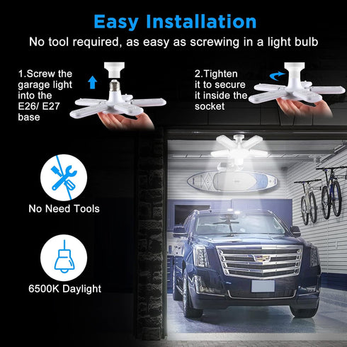 Kofarrten 80W 5 8000LM E26/E27 Bulbs (2 Packs) LED Garage Lights, LED Garage Ceiling Lights with Deformable Panels, LED