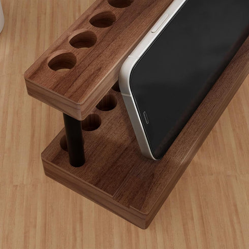 Pencil & Pen Holder for Desk, Solid Walnut Pen Display Stand with 9 Slots and Cell Phone Holder, Aesthetic Decor