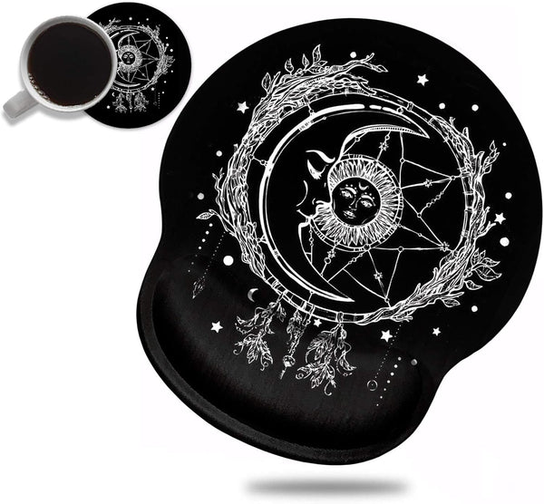 Ergonomic Mouse Pad with Wrist Support and Cute Coffee Coaster, Celestial Theme Design for Pain Relief