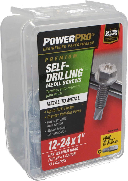 Power Pro Premium Self-Drilling Metal Screws, Zinc Plated Steel, Hex Washer Head, Box of 75 Screws
