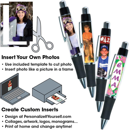 Jaymo PixPen - DIY Photo Pen – Create Your Own Personalized Pen - Insert 2.5” x 1.75” Wallet Photo or Create and Print Inserts Online – 4 Pack by Jaymo