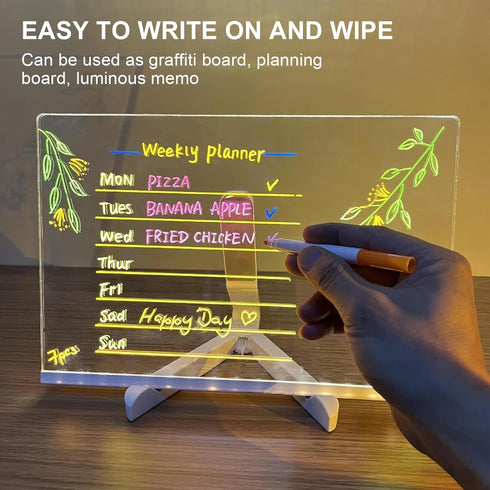 LED Acrylic Note Board with Light, 11.81 x 7.87", Clear Dry Erase Board with 7 Colors Pen for Home, School