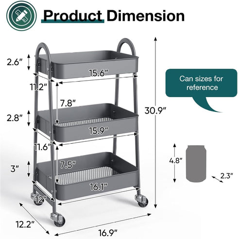 Generic 3 Tier Rolling Cart, Metal Utility Cart with Wheels, Lockable Storage Organizer for Kitchen, Bathroom, Living